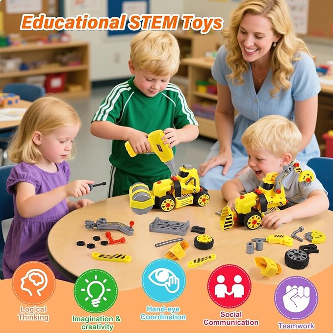 9 in 3 Take Apart Toys with Electric Drill Take Apart Truck Toys Construction Set DIY Engineering Building Toy Push Go STEM Toy Gift for Boys Toys Ages 4-7 Years Old Gift