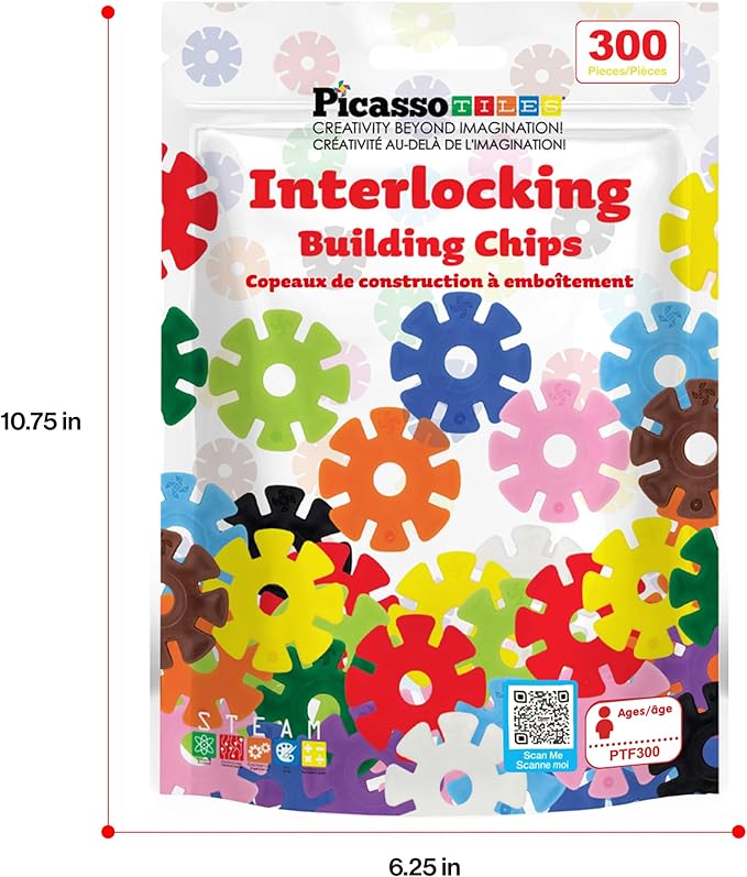 PicassoTiles Construction Building Chips Block 300 Piece Set Interlocking Plastic Disc STEM Learning Toy Creative Education Child Brain Development Play for Toddler Kids Boys Girls Ages 3 & Up PTF300