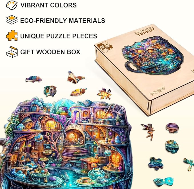 Wooden Puzzles for Adults - 200 Pieces Enchanted Teapot Puzzle - Unique Shapes Wooden Jigsaw Puzzles for Adults - Eco-Friendly Home Office Decor (M-11.4 * 10.8in)