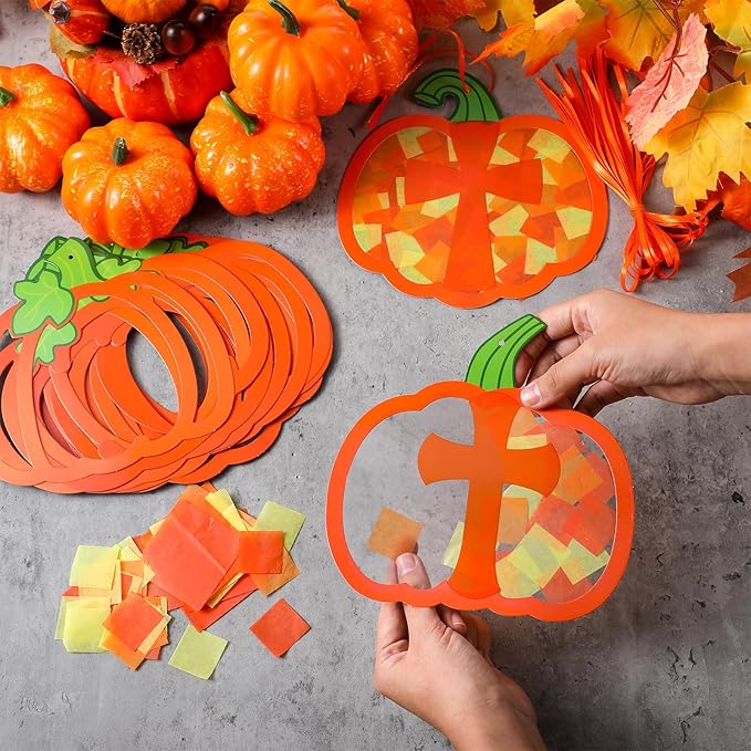 24 Sets Religious Pumpkin Crafts Kit DIY Tissue Paper Sign Crafts for Back to School Fall Harvest Thanksgiving Religious Christian Party Fun Home Actives