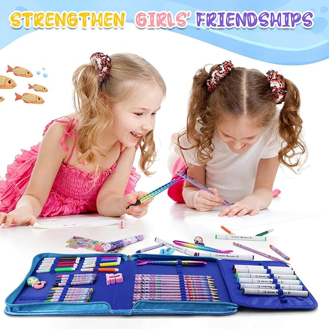 JAMIEWIN Markers Set with Glitter Mermaid Pencil Case, 59 Pcs Art and Craft Supplies Kit for Kids, Mermaid Gifts for Girls 4-9 Year Old for Christmas Birthday