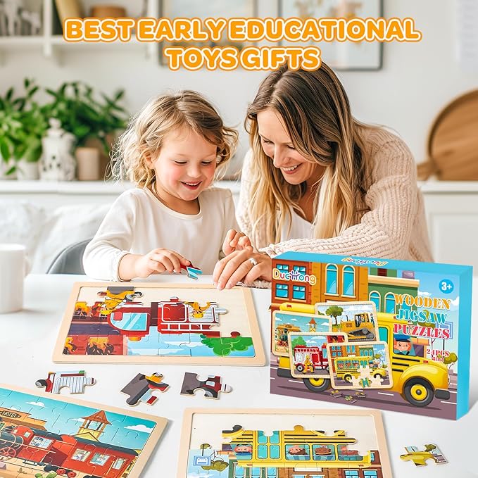 Wooden Puzzles for Kids Age 3 4 5 Year Old, 4 Pack 24 Pcs Toddler Jigsaw Puzzles for Girl Boy Vehicle Activities Preschool Learning Educational Birthday Gift Travel Autistic Wooden Toys