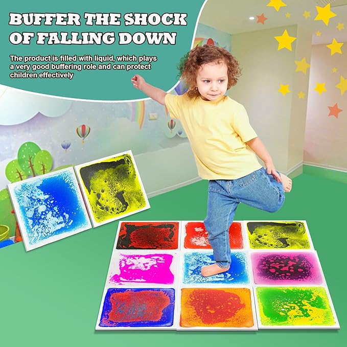 Liquid Sensory Tiles Floor Pads - 9 PCS Square Sensory Floor Mats for Kids Over Three Years Old