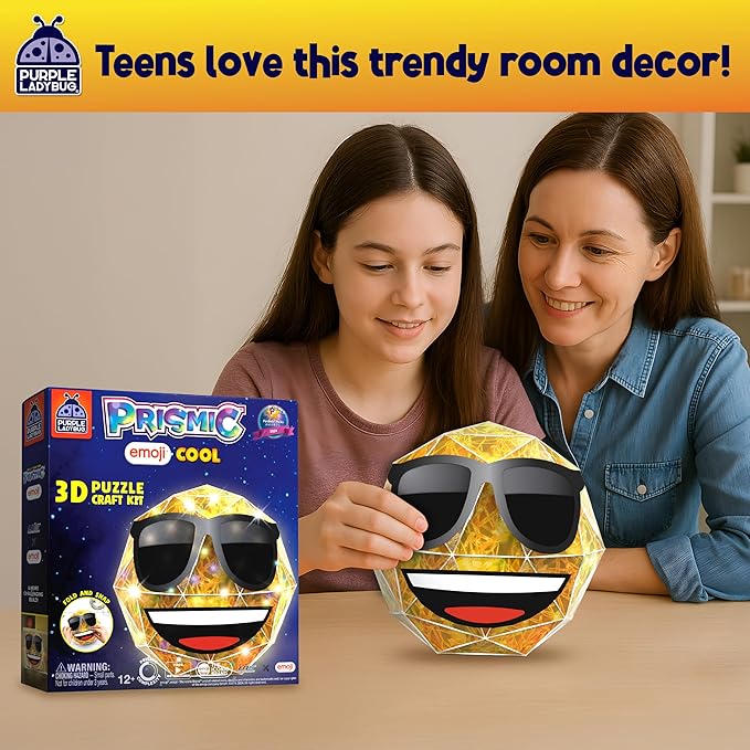 PRISMIC Emoji Cool 3D Puzzle Craft Kit - DIY Light-Up Room Decor for Teens, Tweens, and Kids Ages 12-16, Cute Night Light Toy, Birthday Gift, Arts & Crafts for Girls and Boys