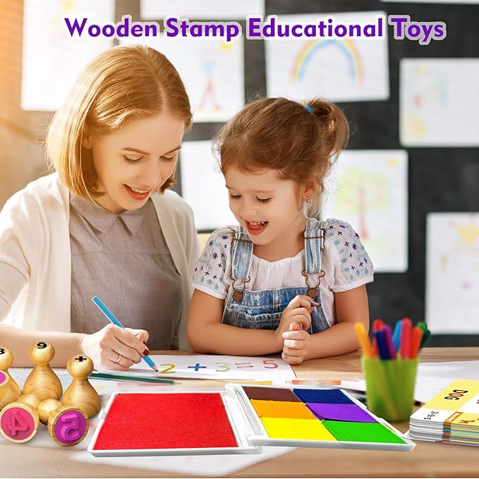 Montessori Wooden Letter & Number Stamps Set with 7-Color Ink Pads, ABC 123 Flashcards & Math Games - Preschool Learning Toys for 3-5 Year Olds, Safe Toddler Art Supplies, Alphabet Stamping Kit