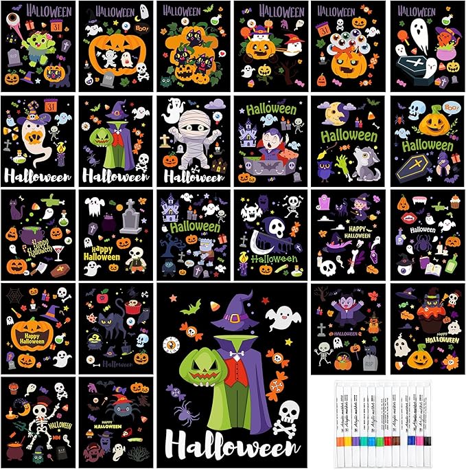Zhanmai Pack of 48 Halloween Velvet Coloring Posters and Watercolor Pens Fuzzy Velvet Coloring Posters for Adults Teenagers Large Poster for Pumpkin Ghost Skeleton Arts Crafts Activity