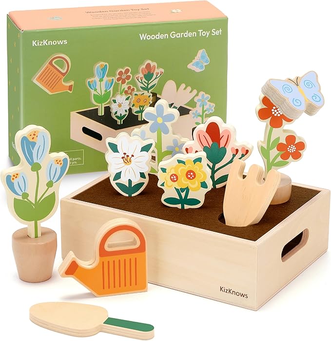 Wooden Toy Flower Garden Set Natural Gardening Toy Playset for Toddlers Pretend Play Blossom Flowerpot Educational Learning Toy for Girls Boys 3 Years and Up