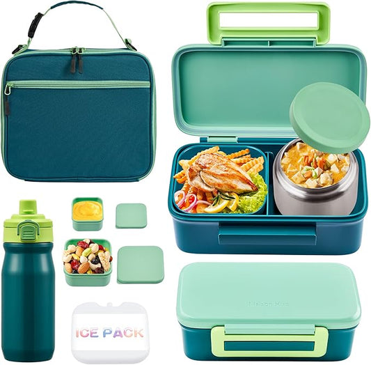 Bento Lunch Box for Kids With 8oz Thermo, Leakproof Bento Box with with 2 Compartments, Insulated Bottle, Lunch Bag, BPA Free Dishwasher Safe for School Girls Boys (Green)