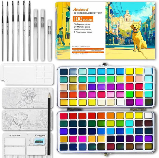 100 Colors Watercolor Paint Set, Vivid colors including Regular, Metallic, Macaron and Fluorescent, Portable with Carrying Case, 9 Water Brushes, Palette and Accessories, For Beginners and Professionals
