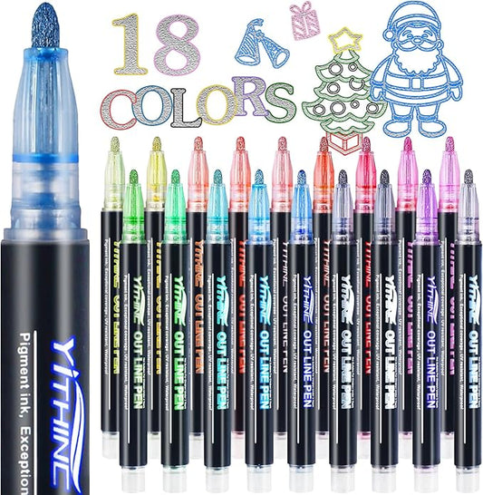 Outline Shimmer Markers, 18 Glitter Metallic Gel Pens for Coloring, Fun Gift for Halloween, Birthday Party Favors, Holiday Stocking Stuffers, Cool DIY Art Crafts Drawing Supplies