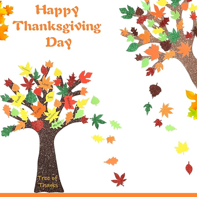 224 Pcs Fall Foam Stickers Fall Leaf Craft Thanksgiving Tree Maple Leaf Foam Shaped Self Adhesive Glitter Stickers Craft Kit for Thanksgiving Autumn Art Family (Maple Leaves)