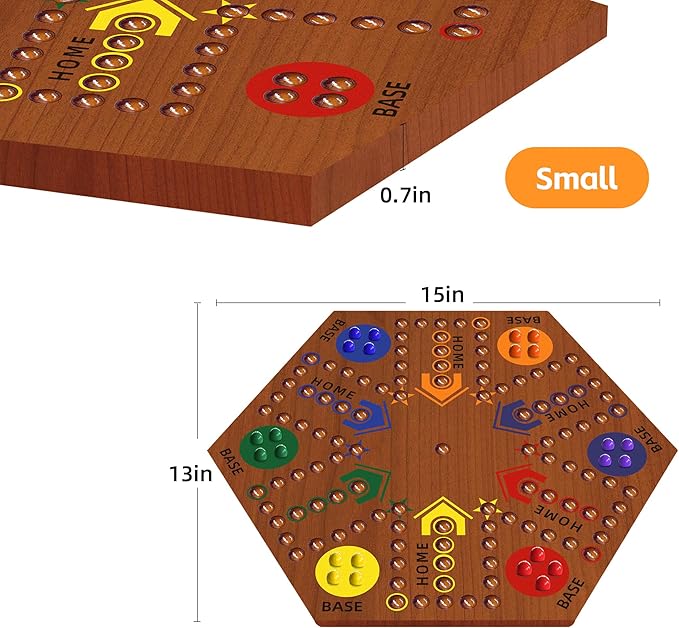 Wooden Board Game, Board Game Original Marble Game Double Sided Painted 2 to 6 Player Fast Track Wooden with 6 Colors 24 Marbles 6 Dice for Adults Kids Family(15 INCH Flame)