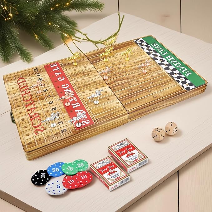 MerryPony 21 Inches Large Horse Racing Game with 11 Metal Horses, Foldable Solid Wood Horse Race Board Game with 100 Pcs Poker Chips 2 Dice and 2 Pack of Cards for Family Friends Camping Party