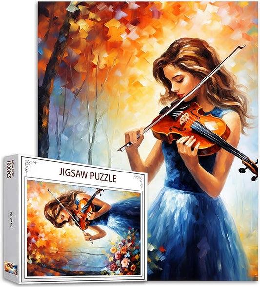 Woman 1000 Piece Jigsaw Puzzles for Adults The Girl Playing The Violin Painting Jigsaw Puzzle Female Musican 1000 Pieces Puzzles Game Home Wall Decor DIY Craft Forest Animal Puzzle Art(Brown)