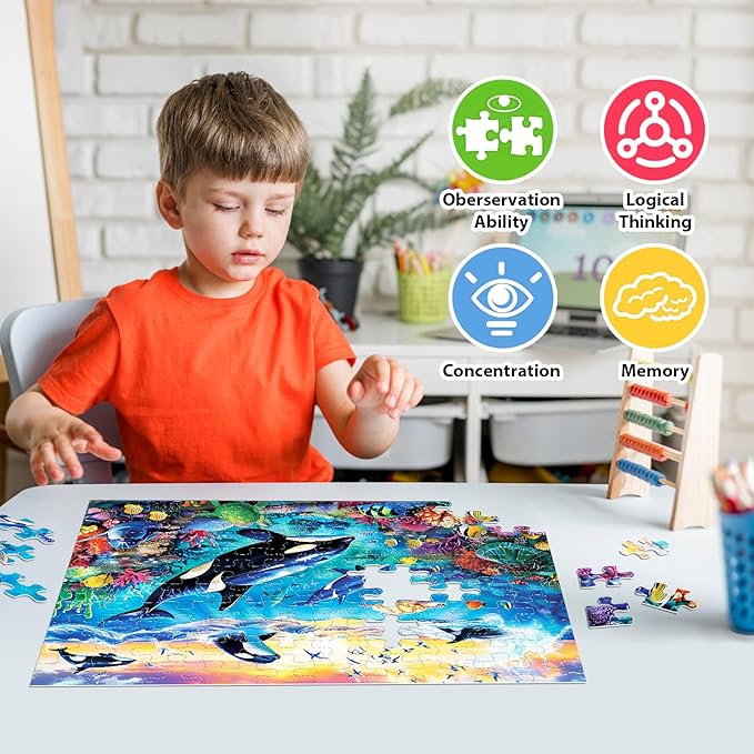 100 Piece Puzzles for Kids Ages 6-8 8-10 - Killer Whales Orca - 100 Piece Jigsaw Puzzle for Senior Ocean Jigsaw Puzzle for Toddler Children Learning Educational Puzzles Toys for Boys and Girls