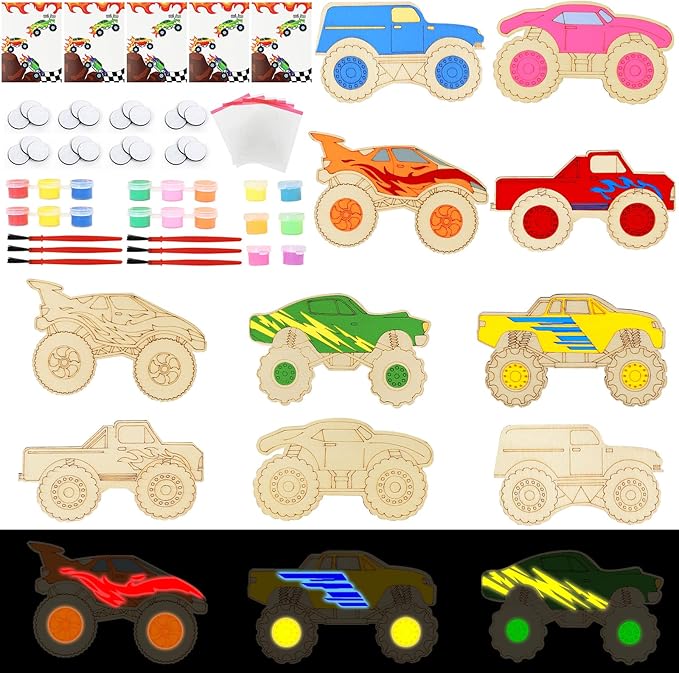 LARDUX Monster Truck Party Favors, 24PCS DIY Wooden Arts & Crafts Painting Kit for Kids, Glow in The Dark Party Favors Family Crafts Birthday Party Christmas Gifts Toys for Boys Girls