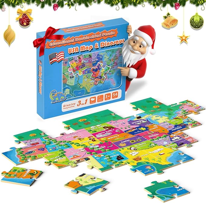 Puzzles for Kids United States Dinosaurs Floor Puzzle, 54 Piece Double-Sided, USA Map Jigsaw Puzzle for Ages 3-8 & 8-10, 21'x15' with Geographic Stickers