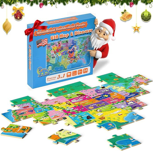 Puzzles for Kids United States Dinosaurs Floor Puzzle, 54 Piece Double-Sided, USA Map Jigsaw Puzzle for Ages 3-8 & 8-10, 21'x15' with Geographic Stickers