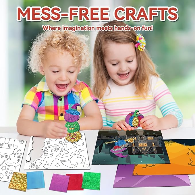 Halloween Crafts for Kids Foil Art No Mess Foil Craft Toy for Kids Ages 4 5 6 7 8 9 10, DIY Activity Kit with Spooky Ghosts, Pumpkins & Bats,Halloween Party Favors Toys & Games for Boys and Girls