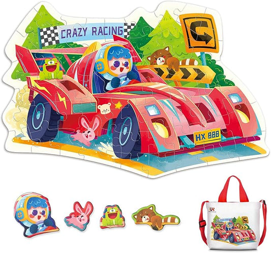 ELX 55 Piece Crazy Racing Jigsaw Puzzle for Kids 3+, Large Floor Puzzle for Preschool Learning with Storage Bag, Educational Toy Gift Birthday and Christmas for Boys Girls