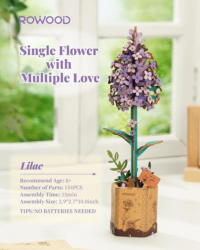 rowood 3D Puzzles for Adults,Wooden Artifical Flower Craft Kit,DIY Botanical Collection Building Toy Set,Mother's Day/Valentine's Day/Thanksgiving Day/Christmas/Birthday Gift -Lilac