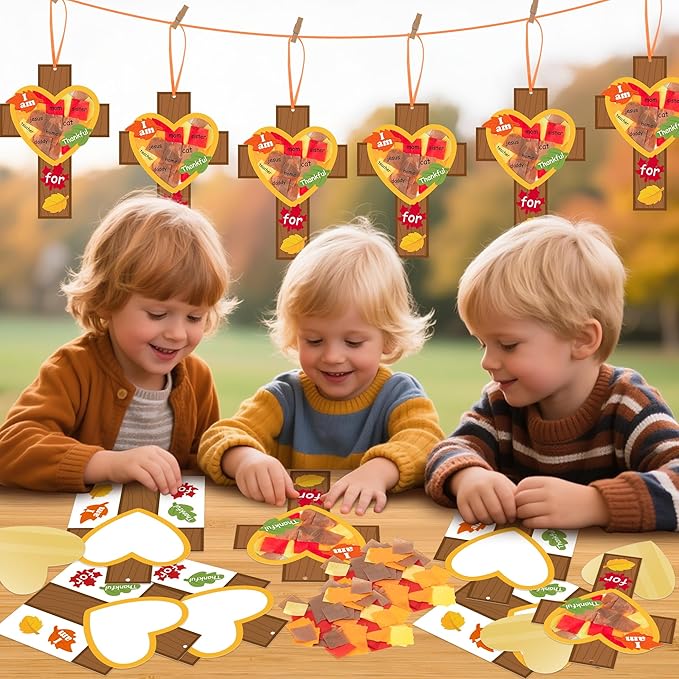 WATINC Fall Cross Suncatchers Craft - DIY Religious Thanksgiving Thankful Tissue Paper Hanging Ornament Kit, Make Your Own Creative Christian Crosses Decor Fun Activities for School Classroom (24Pcs)