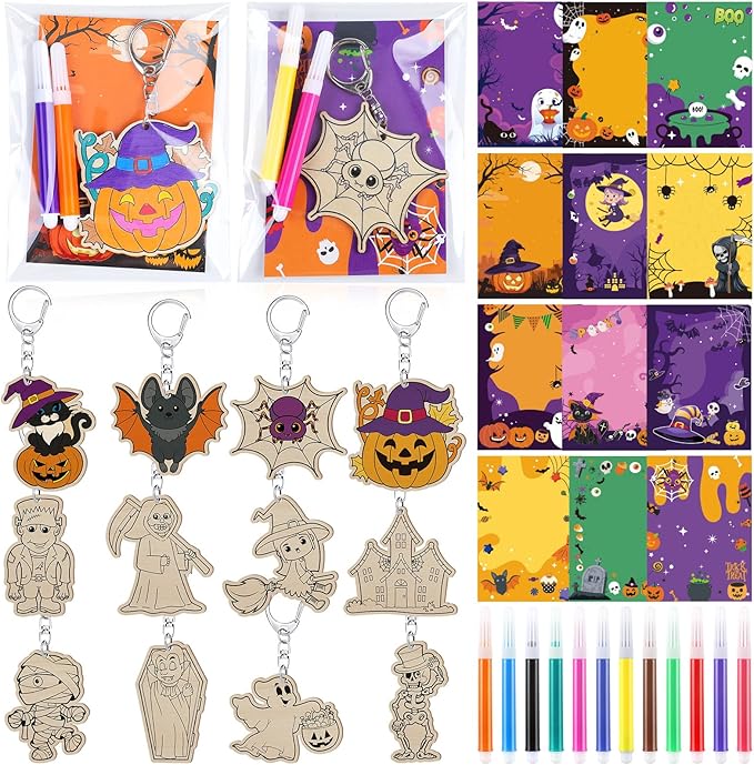 Trnayi 24 Sets Halloween Party Favors Gift Color Your Own Ghost Pumpkin Spider Witch Bat Unfinished Wooden Keychains DIY Crafts for Halloween Birthday Holiday Home Activities