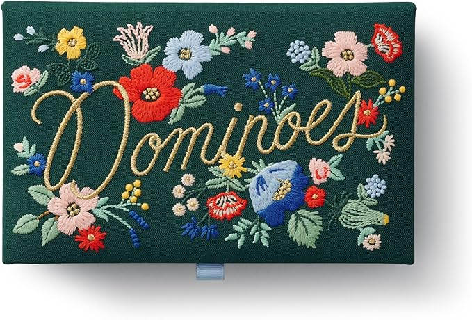 RIFLE PAPER CO. Dominoes Set | 28 Dominoes with Illustrated Designs, Packaged in Embroidered Keepsake Box, Includes Instruction Card for Games, Strawberry Fields