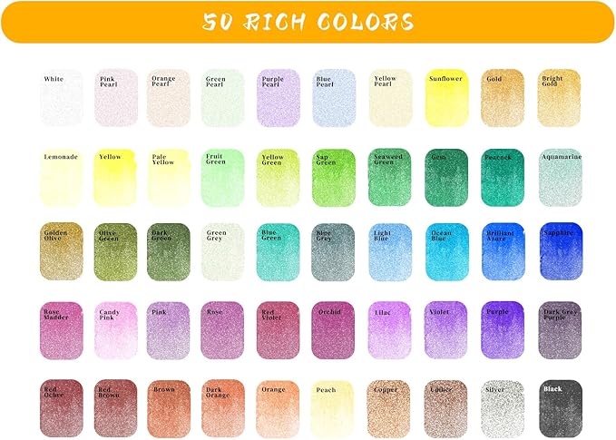 Artecho Metallic Watercolor Paints, 50 Glitter Watercolor Paint Set, Water Colors Paint Adult Set with Bottom Ring for Easy Holding, Ideal for Amateur Hobbyists, Painting Lovers and Artists