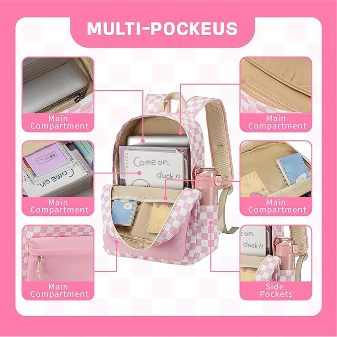 LEDAOU Kids School Backpack with Lunch Box for Girl Boy Toddler BookBag School Bag Preschool Kindergarten Backpack (Pink Checkered)