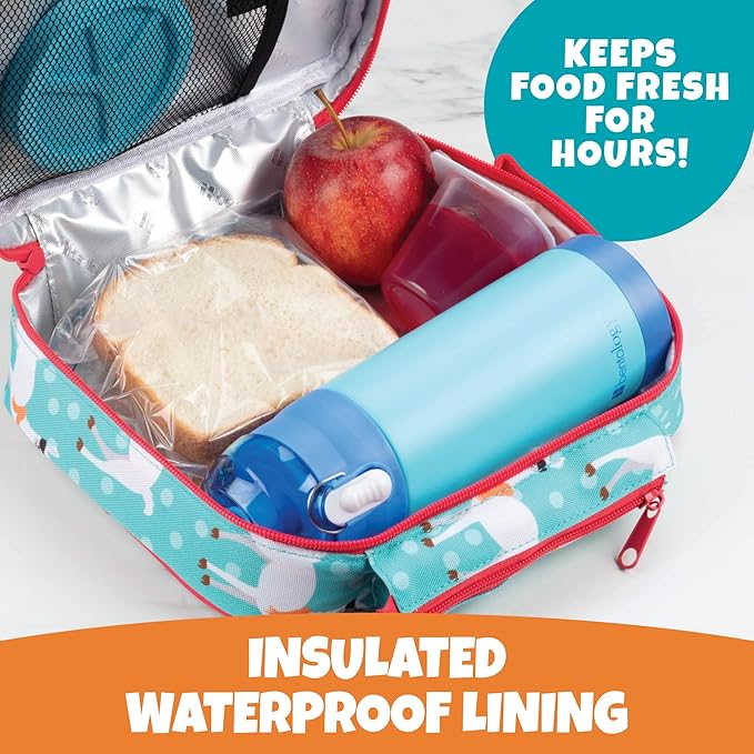 Kids Insulated Lunch Box w Snack Pocket & Expandable Water Bottle Holder For Girls- Waterproof Lunchbox Tote Keeps Food Hotter or Colder Longer - Reusable Back to School Bag Fits Most Bento Containers
