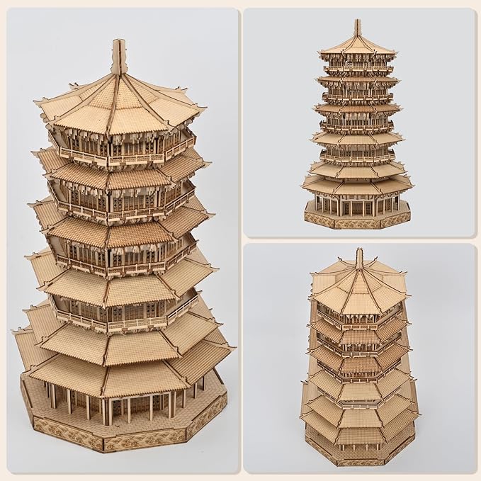 3D Wooden Puzzles for Adults - Wooden Pagoda 3D Puzzle, Creative Crafts for Adults, Birthday Christmas Party Favors, Home Decor Gift - Six-Storied Pagoda with LED Light (1287pcs)