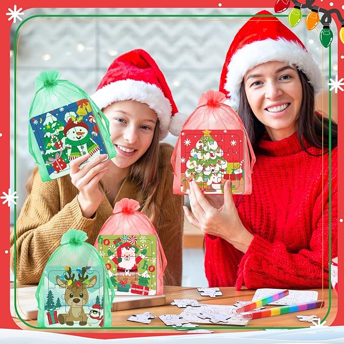 24 Sets Christmas Puzzles Color Your Own Puzzles DIY Jigsaw Crafts with 24 Stackable Crayons and 24 Bags for Learning Education Toys Gifts Prizes Birthday Party Supplies(24, Christmas)