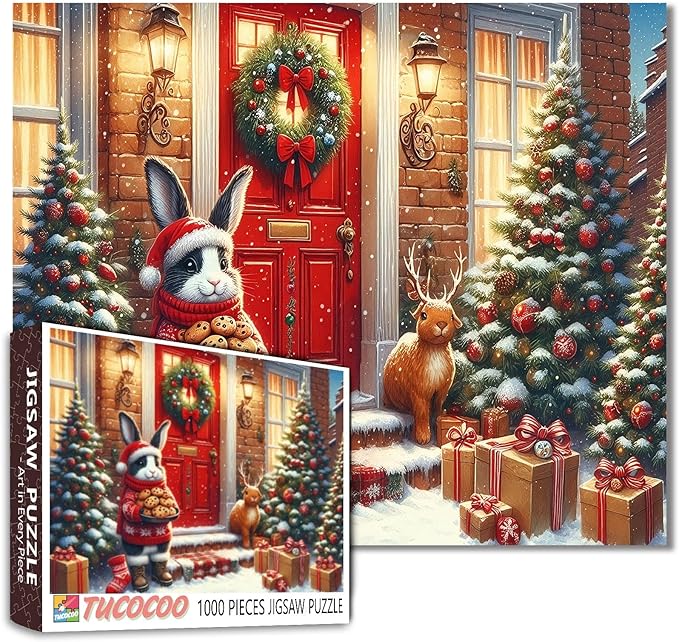 1000 Piece Jigsaw Puzzles for Adults Rabbit Delivery Christmas Cookie Painting Jigsaw Puzzle Animal/Wildlife 1000 Pieces Puzzles Family Fun Game DIY Craft Bedroom Decor Christmas Tree Puzzle Art Gift