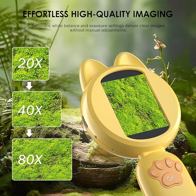 Kids Microscope 100X Magnification, STEM Handheld Digital Science Kit, Portable Educational Toy for Ages 3-16, Birthday for Boys & Girls Yellow