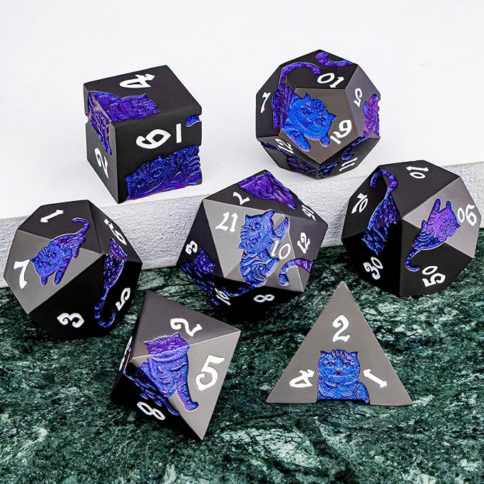 Metal DND Cat Dice 7PCS Polyhedral RPG Dice Set with Gift Case for Dungeons Dragons Role Playing Game, D and D Dice D6 D8 D10 D12 D20 D% (Blue Purple)