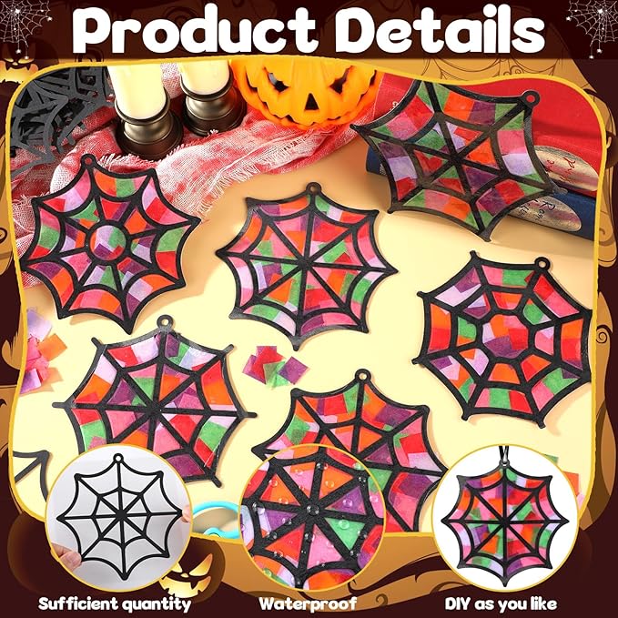 Qyeahkj 36 Set Halloween Spider Web Suncatchers Crafts Kids DIY Hanging Spider Web Tissue Paper Crafts Kit Window Art Ornaments Decor for Halloween School Home Activity Art Project Party Favor Gift