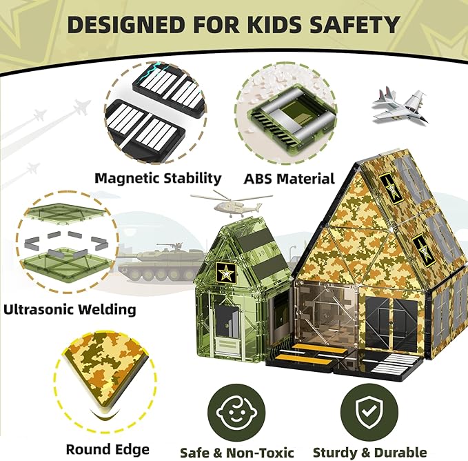 GobiDex 100PCS Army Magnetic Tiles for Toddler, STEM Construction Building Blocks for Kids Military Toys Games, Upgraded Educational Birthday Gifts Toys for 3+ Year Old Boys Girls, Classroom Must Have