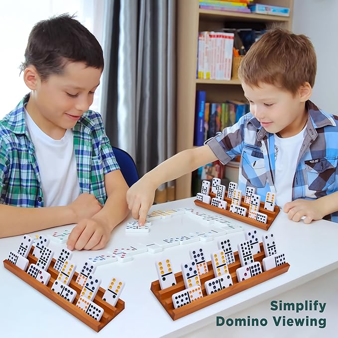Queensell Domino Holders for Classic Board Games - Wooden Domino Racks Set of 4 - Mexican Train Dominoes Accessories - Domino Trays for Tiles Family Games (Large)