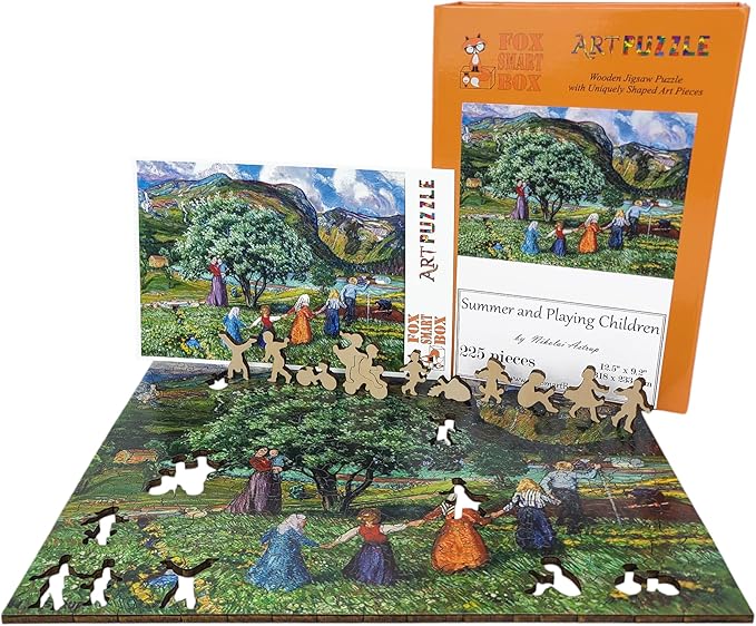 Wooden Puzzle for Adults - Uniquely Shaped Pieces - Made in The USA by FoxSmartBox - 225 Pieces - Summer and Playing Children