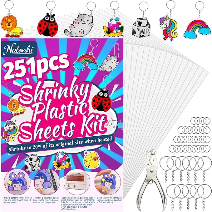 Natonhi 251Pcs Shrinky Dink Sheets,Shrink Paper Keychain Kit with 50pcs Shrinky Paper,100PCS Keychains and 100 Open Iron Ring for Kids Creative Craft Marking, Shrinky Dink Handprint Keychains