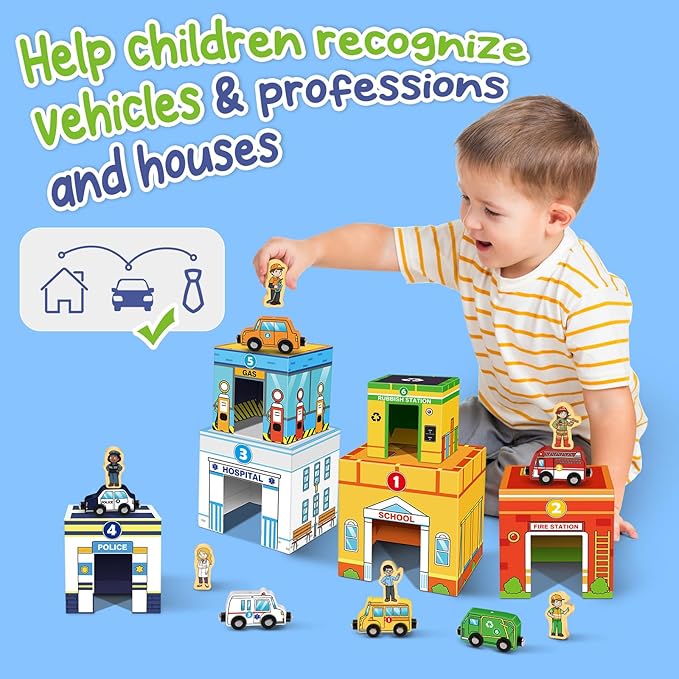 Aizweb Magnetic Wooden Vehicle Stacking Set,Sorting & Building STEM Blocks Cars Toys for Toddlers,Cardboard Educational Preschool Kindergarten Learning Montessori Toys for 1 2 3 Year Old Boys Girls
