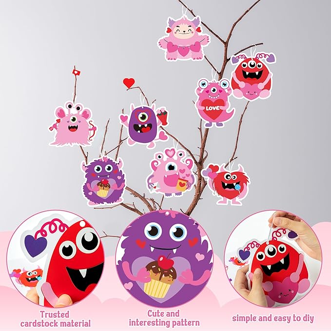 ANGOLIO 123Pcs Valentine's Day Monster DIY Craft for Kids, Make Your Own Monster Ornament Bulk Valentine's Day DIY Paper Craft Decorative Kit for Classroom Activities Gift Exchange