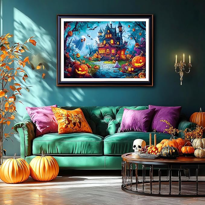 Halloween Jigsaw Puzzle 1000 Pieces for Adults - Haunted House Scene with Jack-o'-Lanterns, Ghosts & Bats - Spooky Night Sky Puzzle - Challenging 1000-Piece Jigsaw for Adults & Teens