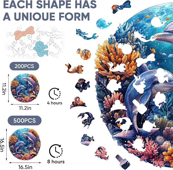Wooden Puzzles for Adults, Dolphins World Jigsaw Puzzles 200 Pieces Unique Shape Adult Puzzles, Irregular Wood Puzzles Creative Gift for Adults Family Game(11.2 x 11.2 in)