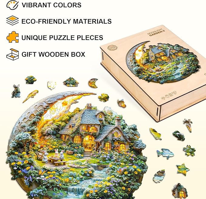 Wooden Puzzles for Adults 180 Pices, Moonlight Garden 3D Puzzles for Adults, Moonlight Garden Irregular Jigsaw Puzzles, Flat Puzzels with 3D Visual Effect, Finished Puzzle Size is 11.4 x 11.3in