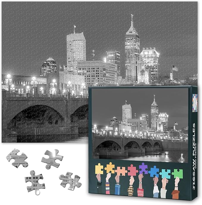 1000 Piece Puzzle for Adults Indianapolis City Skyline Night, Jigsaw Puzzles 1000 Pieces Challenge Cityscape Theme, 27.5x19.7 Inch Family Puzzle Game Night Gift (Black and White Series)