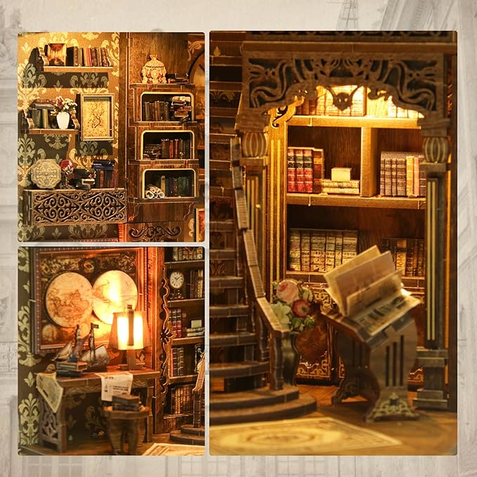 Book Nook Kit - DIY Enchanted Cottage Miniature House for Adults & Teens, 3D Wooden Puzzle Booknook with LED Lights, Bookshelf Insert Decor & Creative Model Building(Antique Books Collection Room)