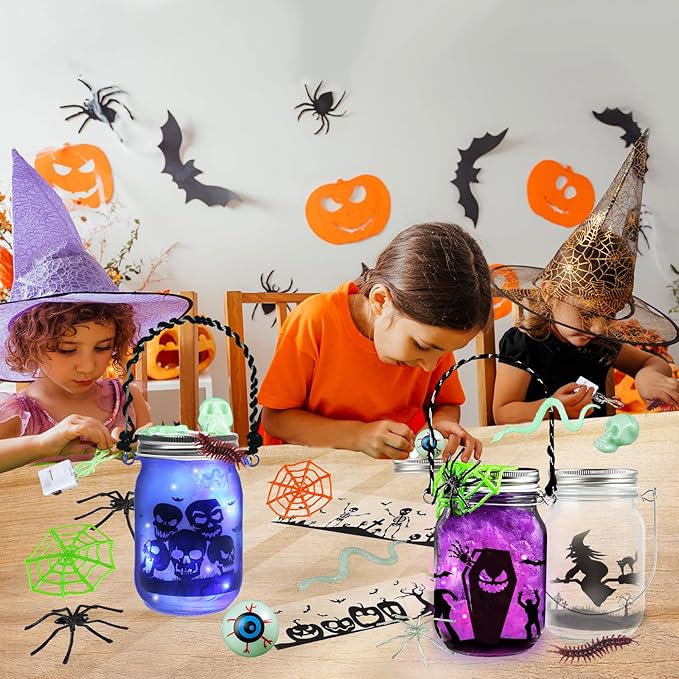 Letapapa Halloween Crafts for Kids, 12 PCS Mason Jar with Accessories for DIY Craft & Art Party Favor Supplies, Halloween Decoration Trick or Treat, Classroom Art Activities