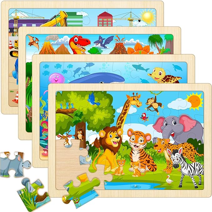 Wooden Puzzles for Kids Ages 4-6, 4 Pack with 24 Pieces Dinosaur, Animal, Ocean, Vehicle Wooden Puzzles for Toddlers Set, Educational & Learning Puzzles, Toys Gifts for 3 4 5 6 Year Old Boys Girls